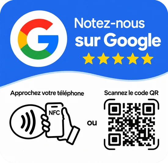 Plaque NFC « Notez-nous sur Google », finition blanche et bleue
